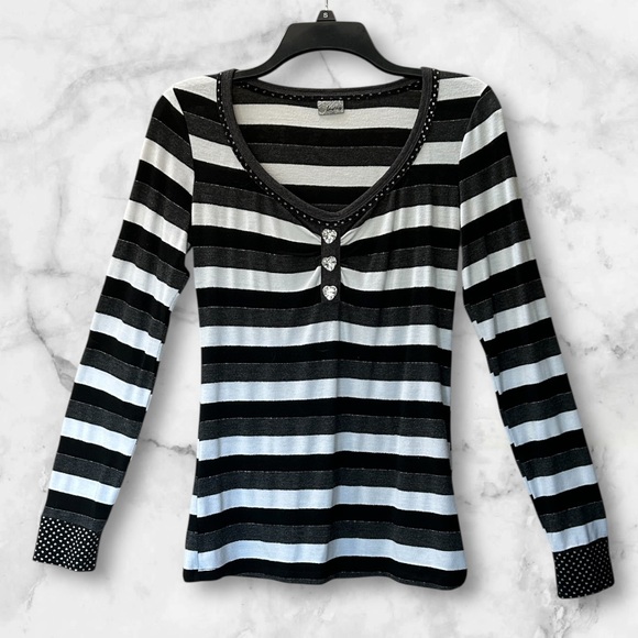 Daytrip Tops - Daytrip Y2K Black White Silver Metallic Stripe Top Crystal Heart Buttons Size M